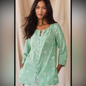 Purejill size M aqua climbing vines floral Green Button-Dowb Tunic blouse boho
